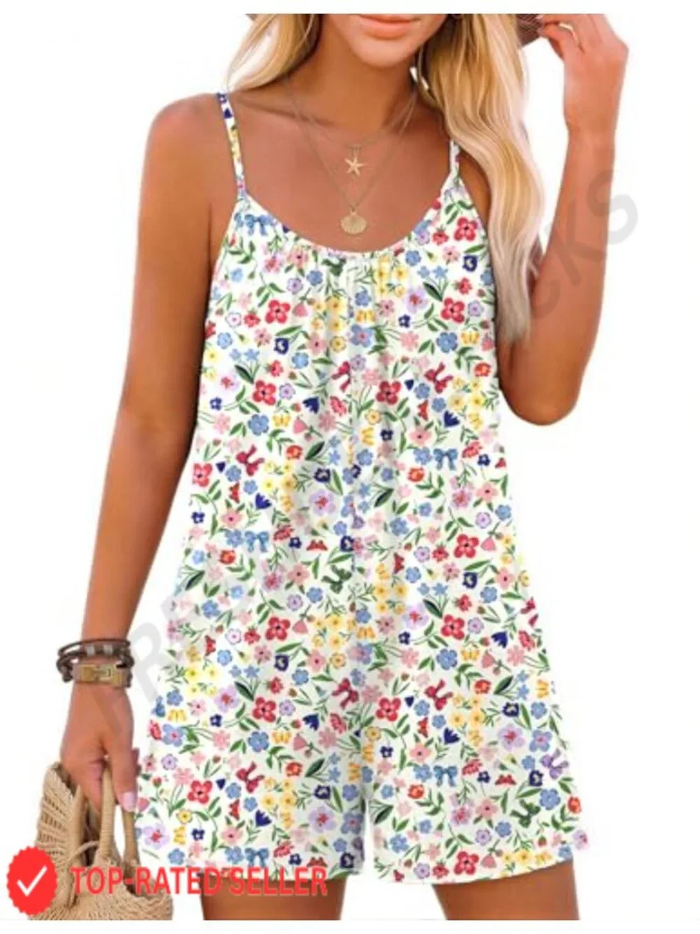 Women's Sleeveless Boho Floral Romper Adjustable Spaghetti Strap Pocket Summer